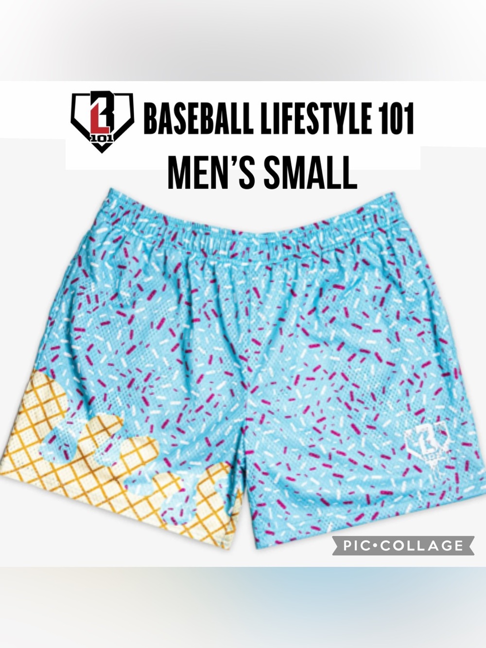 Baseball Lifestyle 101 Mens Shorts Blue Cotton Candy Ice Cream 3.5” Inseam Sz S